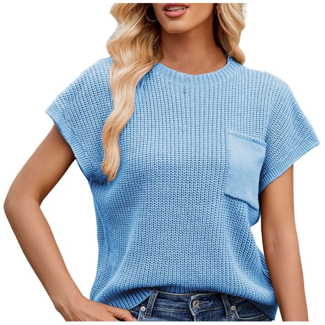 Timegard Hauts pour Femmes Manches Cap Tricot Col Rond T-Shirts Décontractés Haut Uni avec Poche