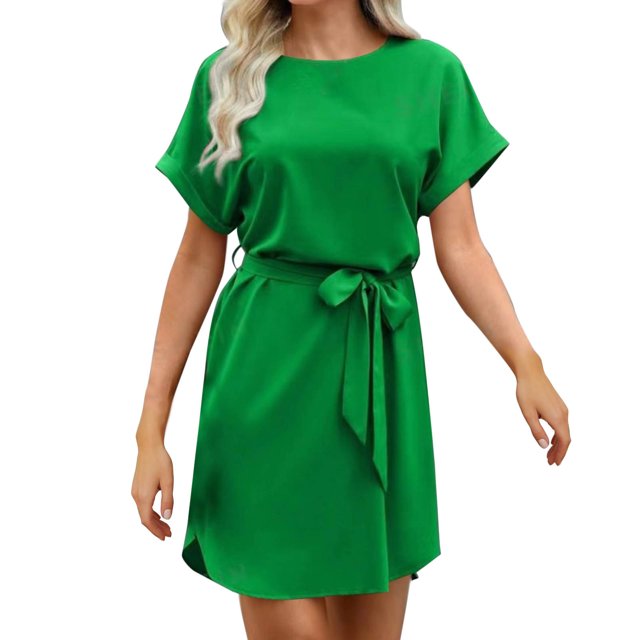 Offre à Durée Limitée Iumwxz Robe à Col Rond à Manches Courtes pour Femme Tunique à Ourlet Arrondi Robe Formelle avec Ceinture Robes Unies Longues Robes pour Femmes Robe Douce et Confortable pour Fête d'Anniversaire