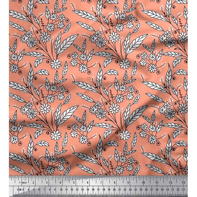Soimoi Modal Satin Fabric Leaves & Floral Block Print Fabric by Yard 42 Inch Wide