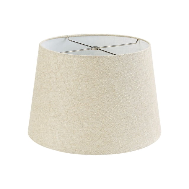 HOMETRENDS Lamp Shade in beige linen fabric with a tapered drum shape and metal harp frame, designed as a replacement for large table or floor lamps, measuring 12 in. top diameter, 15 in. bottom diameter, and 10 in. height, ideal for soft light diffusion and enhancing home lighting decor.
