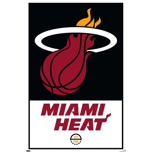 NBA Miami Heat - Logo 21 Affiche Murale, 22,375 Po x 34 Po Affichant un Logo Miami Heat Centré avec un basketball Rouge en Flammes et des Flammes orange Entourés d'Un Anneau Blanc au-Dessus d'Un Texte Rouge Audacieux « Miami Heat » sur Fond Blanc, Imprimé sur Papier d'Affiche Lustré pour un art Mural Vif, Idéal pour Chambres, Bureaux Ou Dortoirs.