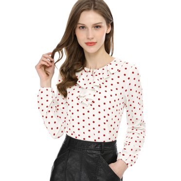 INSPIRE CHIC Blouse Chemise à Manches Longues à Col à Volants pour Femme P Blanc à Pois Rouges