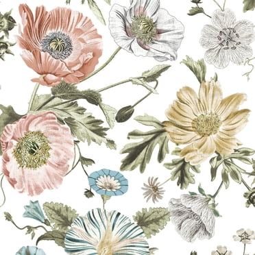 RoomMates Vintage Multicolor Poppy Peel and Stick Wallpaper, Adults, 1 Roll