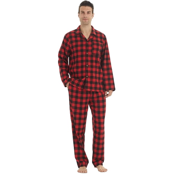 Cotton Pajamas for Men Button Down Flannel Pajamas Mens Sleepwear Plaid Pjs Set Warm Loungewear Nightwear