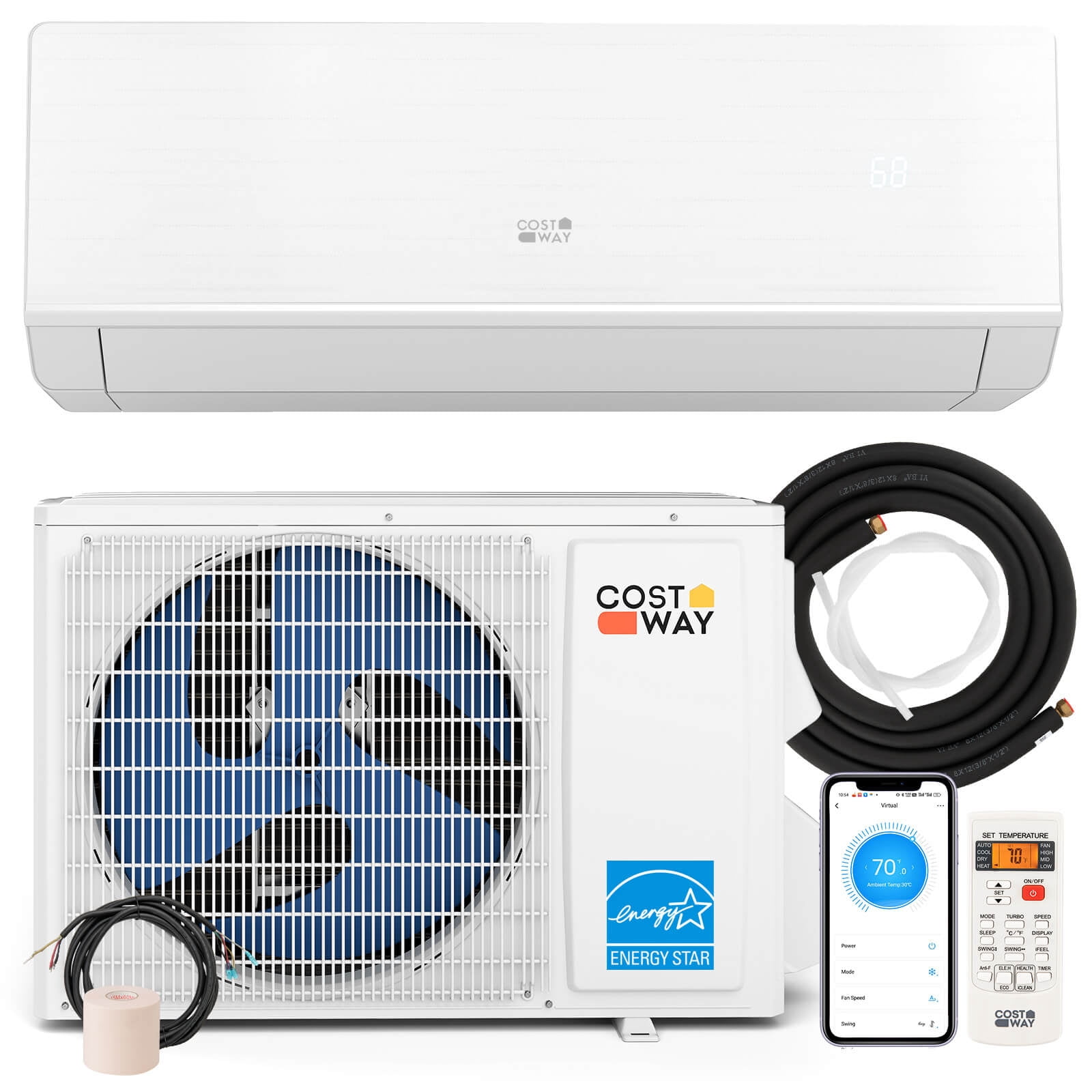 Costway 12000 BTU Mini Split Air Conditioner & Heater with 1 Ton Heat Pump Installation Kit