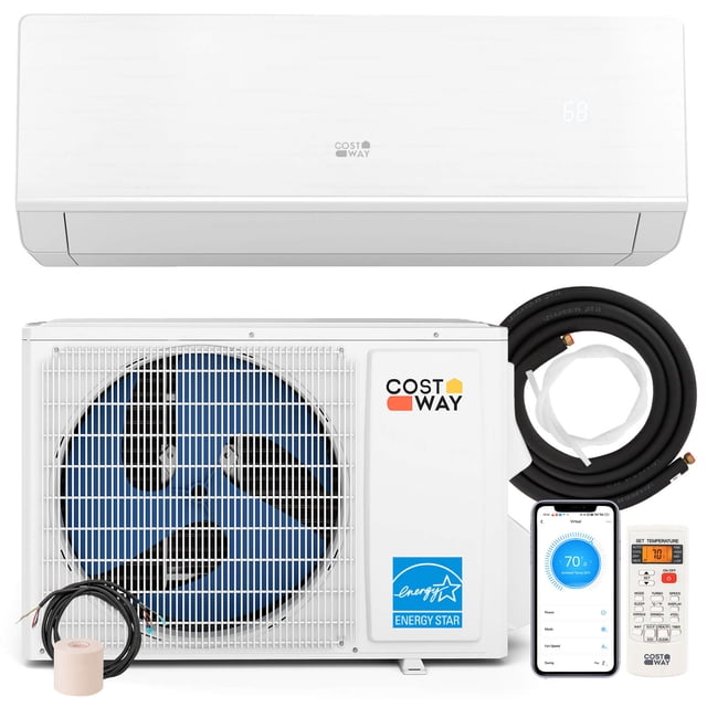 Costway 12000 BTU Mini Split Air Conditioner & Heater with 1 Ton Heat Pump Installation Kit. The image displays the white indoor and outdoor units, along with accessories like copper pipes, communication wire, drain hose, remote control, and installation materials. The outdoor unit includes the Costway logo and ENERGY STAR certification. This energy-efficient system supports app and Alexa control, offers 7 modes, 4 fan speeds, and self-cleaning features, and is ideal for spaces up to 750 sq. ft.