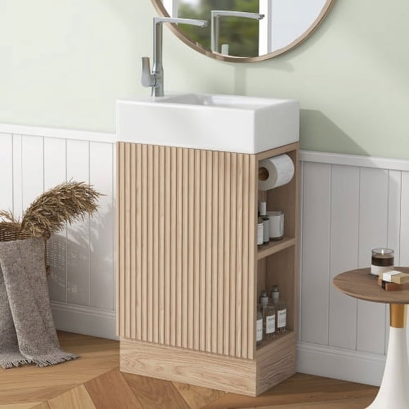 Freestanding 18.6" Bathroom Vanity with Sink, Cabinet with Door, Adjustable Paper Holder, Two-tier Shelf, Left or Right Orientation, Natural Wood Color