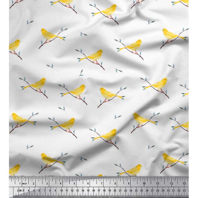 Soimoi Poly Georgette Fabric Leaves,Branches & Canary Bird Decor Fabric Printed Yard 42 Inch Wide