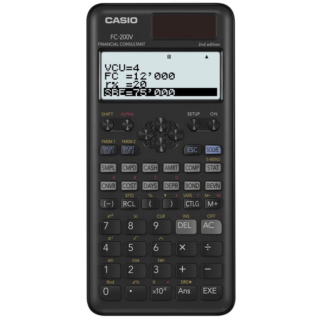 FC-200V-2 Casio Financial Consultant business calculator with a large multi-line LCD displaying financial calculations, black body with keys for interest, amortization, depreciation, bond, and statistics functions, solar panel on top, compact design suitable for office and school use.