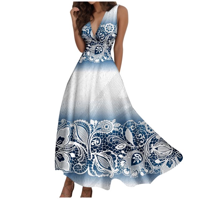 TJAZFJPA Robes d'Été en Lin pour Femmes Mode pour Femmes Printemps et Été Imprimée Sans Manches Col en V Fermeture Éclair Latérale Robe Style (5) Robe de Plage Robe Décontractée pour Femmes