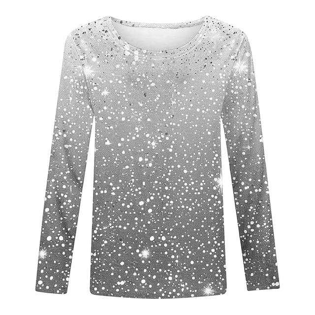 Girls Tshirts Spring Summer Long Sleeve Gradient Sequin Printed Round Neck Flash Shirt Girls Tops Light Gray 5-6Years