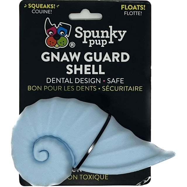 Gnaw Guard Jouet pour Chien en Forme de Coquille en Mousse par Spunky Pup, Jouet à Mâcher en Mousse Bleu Pâle en Forme de Coquillage en Spirale, Conçu pour la Santé Dentaire et la Mastication Sécuritaire, Flotte pour les Jeux Aquatiques Extérieurs, Présenté sur un Emballage Noir avec Texte Anglais et Français.