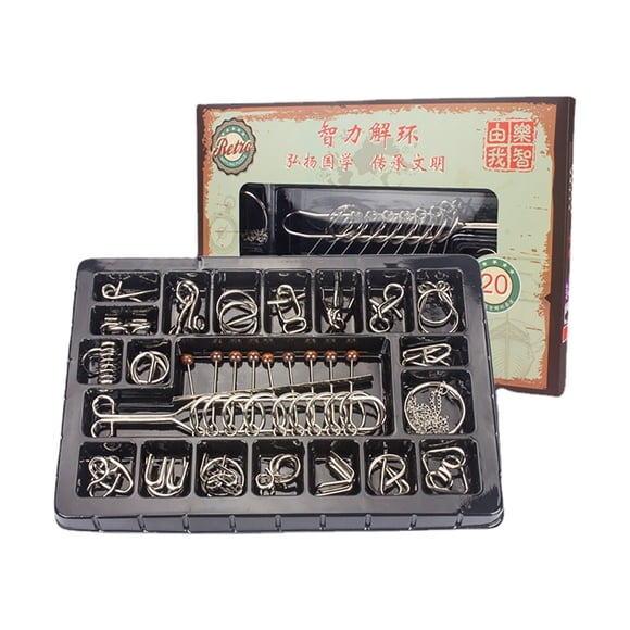 Metal Wire Puzzle Set of 20 with Pouch Brain Teaser Puzzles IQ Test Puzzle Ring Disentanglement Interlock Game Trick Metal Puzzle for Party