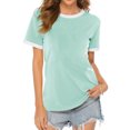 thumbnail image 1 of T-shirt Blanc à Bordure pour Femme, Col Rond, Manches Courtes, Haut Uni, 1 of 2