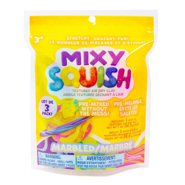 Marbled Mixy Squish Pâte Texturée à Séchage à l'Air dans un Sac Jaune Refermable de 3 Unités avec des Tourbillons Colorés en Argile Marbrée, Idéale pour un Jeu Sensoriel Extensible et Moelleux et une Sculpture Créative Sans Dégâts, Convient aux Enfants de 3 Ans et Plus.