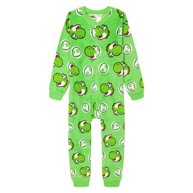 Boys' green one-piece sleepwear featuring Yoshi faces and eggs from the Mario series.
