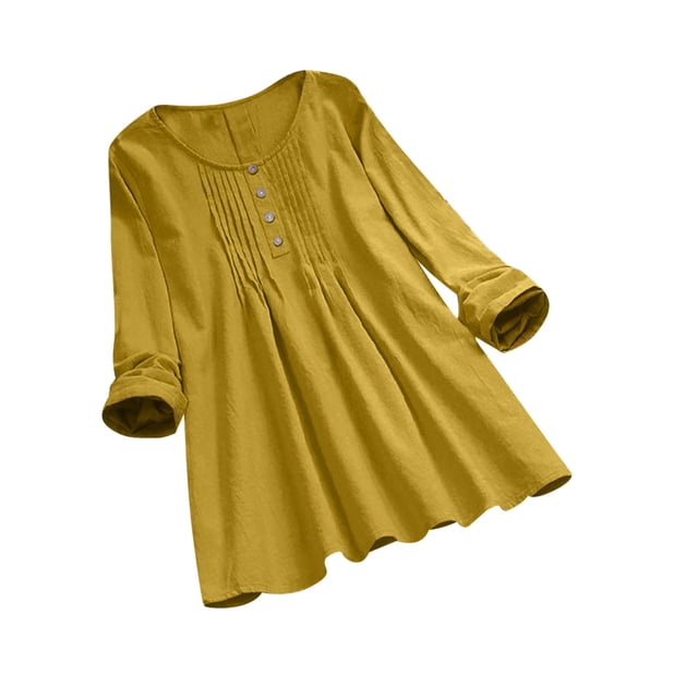 IROINID T-Shirts à Manches Longues pour Femmes, Couleur Unie, Col Rond, Jaune