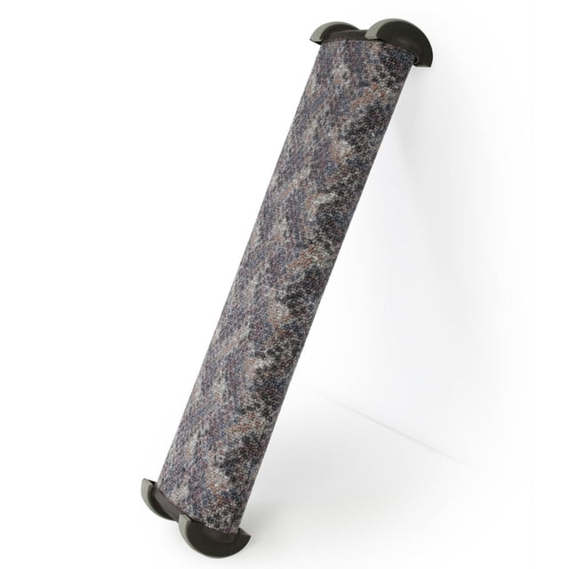 Omega Paw Lean-It Everywhere Cat Scratch Post 19 inches (48 cm) angled front view of a carpeted lean-to scratch post with triangular silhouette, durable home-decor carpet treated with catnip oil, space-saving cat scratcher suitable for narrow spots; often used as a compact play ramp for kittens.