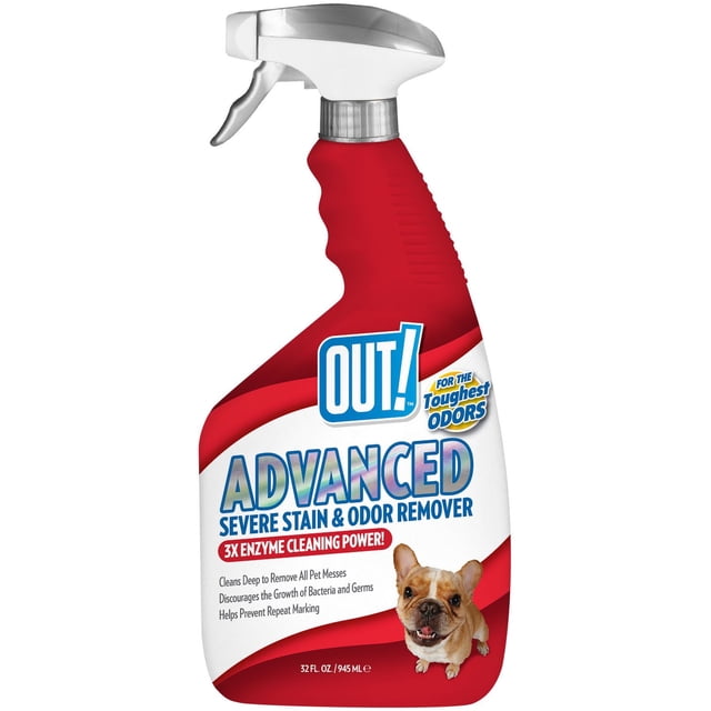 OUT! Détachant Avancé et Éliminateur d'Odeurs Graves pour Chien en Vaporisateur Rouge et Blanc avec Gâchette Argentée, Doté d'Un Pouvoir Nettoyant Enzymatique 3X pour Enlever les Taches Tenaces d'Animaux et les Odeurs, Y Compris l'Urine, les Vomissements et les Fèces, Décourage la Croissance des Bactéries et Aide à Prévenir les Marquages Répétés, avec un Bouledogue Français Souriant sur l'Étiquette, 32 fl oz (945 ml).