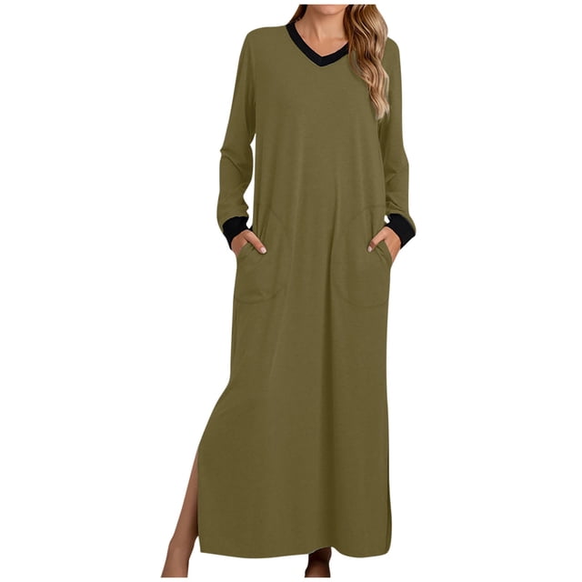 AherBiu Pyjamas pour Femmes, Chemises de Nuit à Manches Longues avec Col en V, Fente Latérale et Poches Pratiques. Cette Longue Robe Vert olive Est Fabriquée en Tissu polyester Doux, Assurant Confort et Respirabilité. Idéale pour une Tenue Décontractée, Se Détendre Ou Dormir, Elle Convient à la Catégorie Peignoirs pour Femmes et Convient aux Saisons de Printemps, d'Automne et d'Hiver.