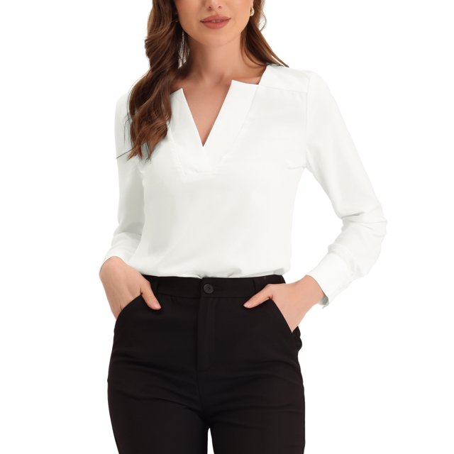 INSPIRE CHIC Blouse de Travail de Bureau pour Femmes à Manches Longues à Col en V Blouses TP Blanc