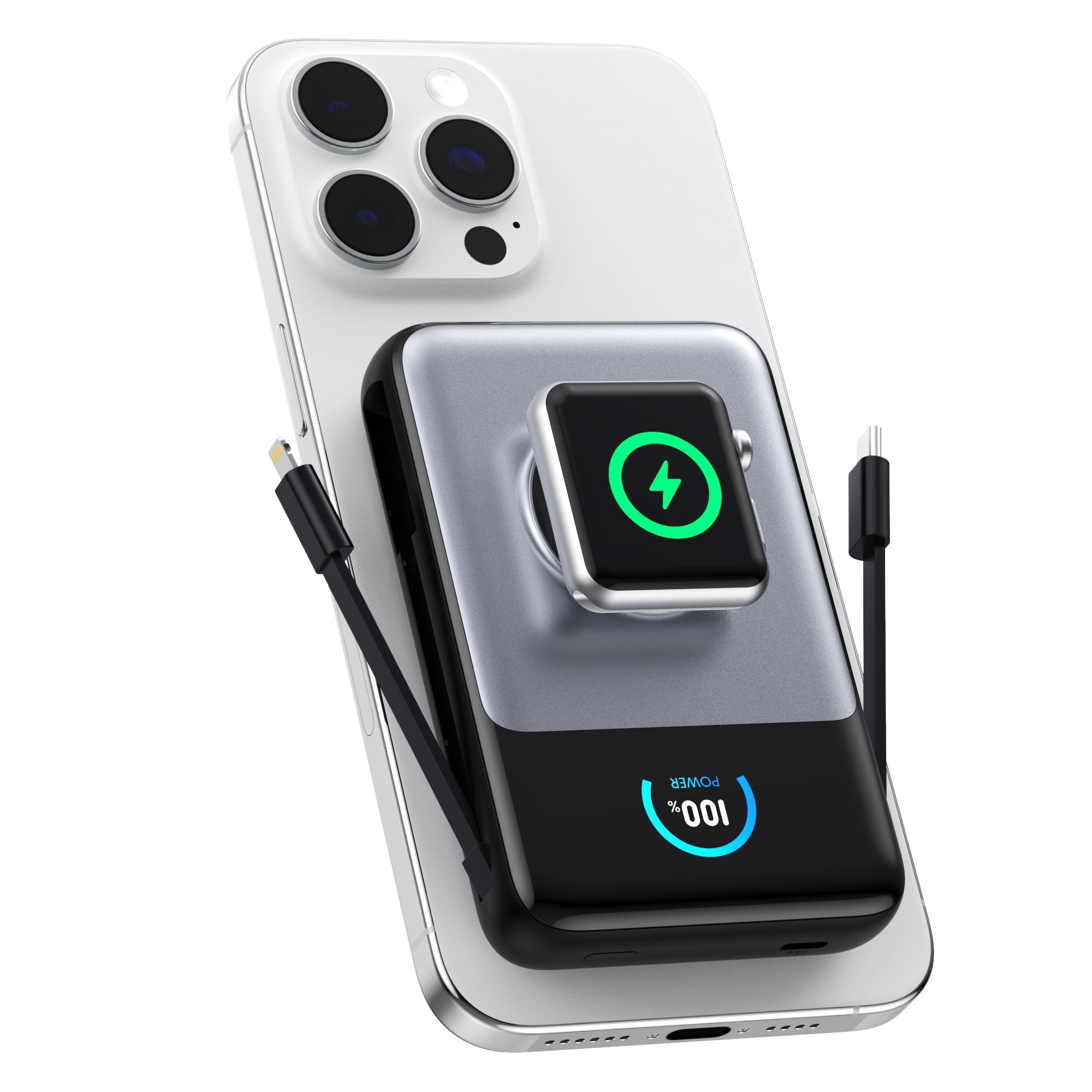 Magnetic Portable Charger 10800mAh with Built-in Cables,Qi2 Certified 15W Wireless Power Bank for Magsafe,30W PD Fast charging USB-C Travel Essential