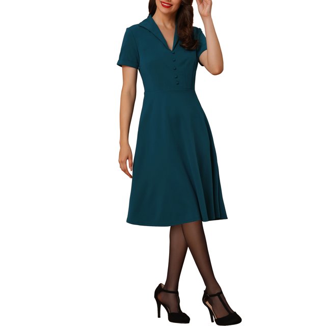 INSPIRE CHIC Robe Trapèze Rétro Vintage des Années 1950 pour Femme à Manches Courtes, Col en V, Boutonnée, Bleu Paon, m