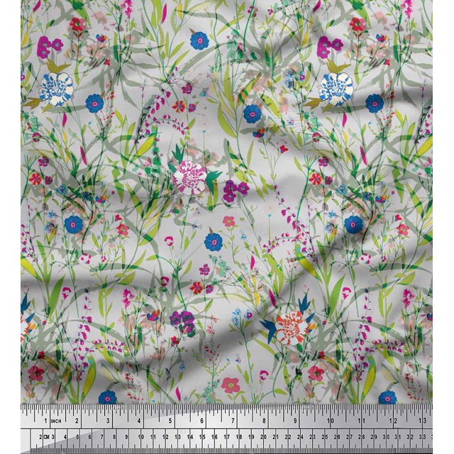 Soimoi Gray Modal Satin Fabric Leaves & Floral Decor Fabric Printed BTY 42 Inch Wide