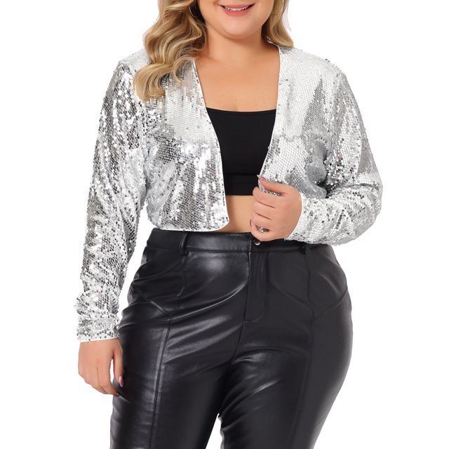 GRACE & GRANDEUR Grande Taille pour Femmes Veste à Paillettes Fête Ouverte devant Boléro Court à Manches Longues en Argent, Taille 4X. Cette Veste à Paillettes Métalliques Présente une Coupe Décontractée, Manches Longues et un design Ouvert devant, Idéale pour les occasions Décontractées Ou de Fête. Conçue avec un Pantalon en Cuir Noir et un Haut Noir, Convient pour le Printemps, l'Automne Ou l'Hiver.