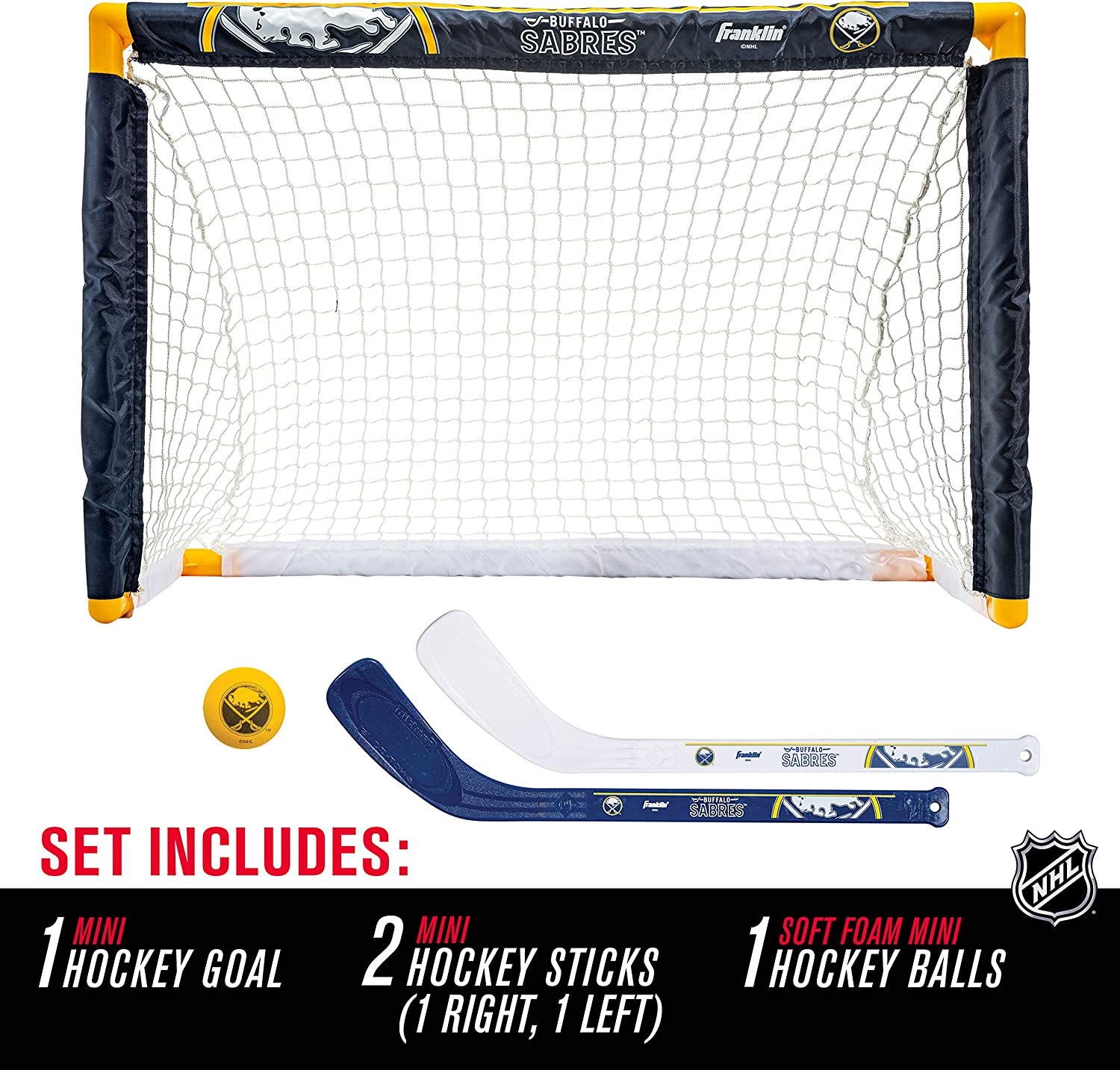 Franklin Sports Ensemble de mini hockey Sabres de la NHL – But de hockey intérieur pour enfants, ballon, 2 mini bâtons de hockey