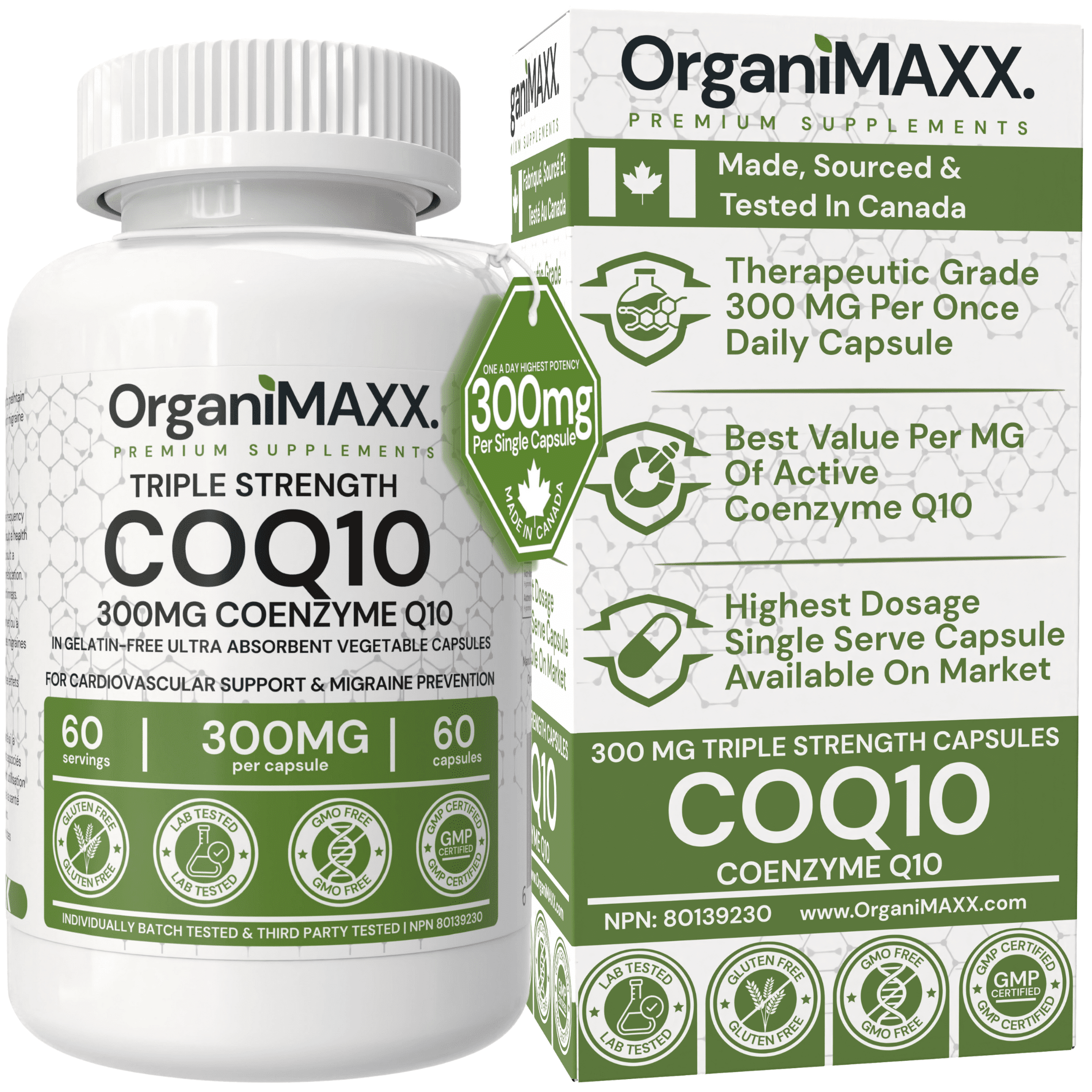 COQ10 OrganiMAXX. Coenzyme Q10 300mg Per Capsule Triple Strength 1 A Day Capsules Vegan Certified, Non-GMO, Made & Tested In Canada.