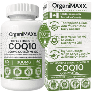 COQ10 OrganiMAXX. Coenzyme Q10 300mg Par gélule Triple Résistance 1 Capsules de jour certifiées Vegan, non OGM, fabriquées & Testé au Canada.