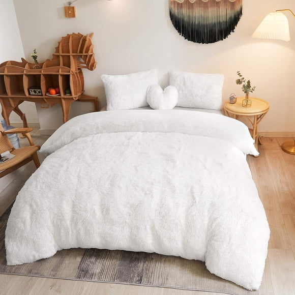 Luxury Shaggy Plush Duvet Cover Set Soft Pieces Fluffy Faux Fur Comforter Cover Set Fuzzy Velvet Bedding Set Queen Size( Furry Duvet Cover + Pillow Cases) Zipper Closure(Queen Whi