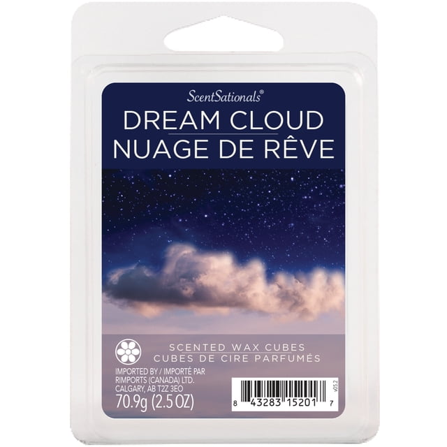 ScentSationals Scented Wax Cubes - Wax Dream Cloud in a clear plastic clamshell package with a label showing a starry night sky and soft cloud, containing 70.9g (2.5 oz) of wax melts that release a soothing balsamic fir needle, woodland leaves, sweet amber, creamy sandalwood, and silver eucalyptus scent when warmed in an electric wax warmer.