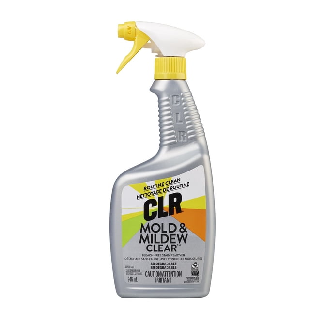 CLR Mold and Mildew Clear spray bottle with a silver ribbed body and yellow trigger, containing 946 ml of biodegradable cleaner for routine mold and mildew stain removal without bleach, safe for septic systems and multiple household surfaces.