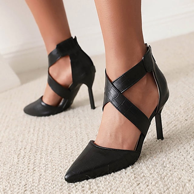 Mikilon Chaussures pour Femmes Été Brides Croisées Talons Hauts Décontractées Fermeture Éclair Sandales à Bout Pointu Stilettos Serpent