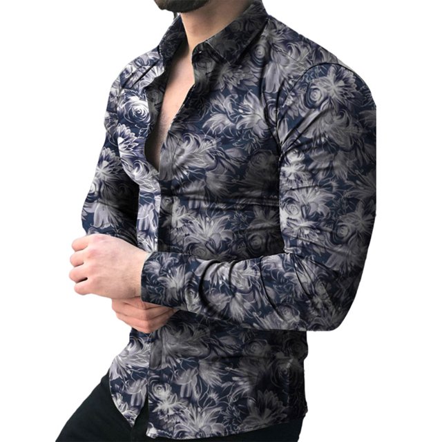 Innerwin Blouse Lapel Neck Mens Tops Work Long Sleeve Single Breasted Shirts Gray Flower L