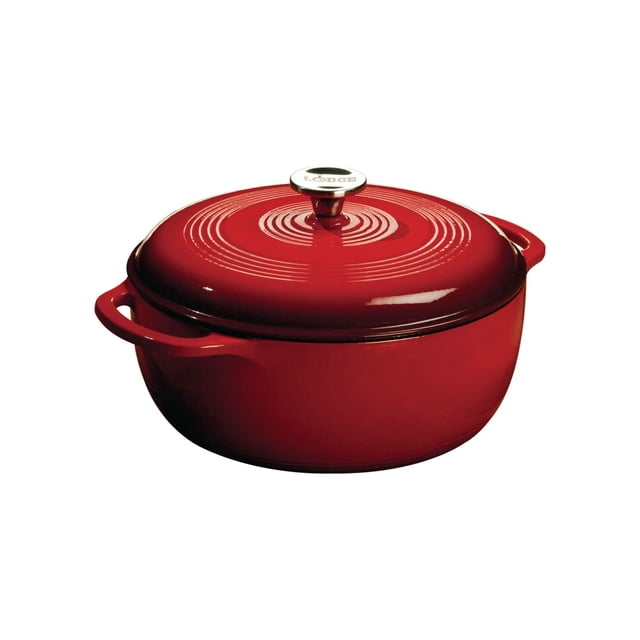 Lodge Enamel Dutch Oven, Red - 6 quart, front-facing view showing glossy red enameled cast iron with concentric circles on lid, loop handles, and stainless steel knob engraved with Lodge logo. Oven-safe to 500℉ and compatible with all cooktops, ideal for braising, baking, roasting, marinating, and storing leftovers.