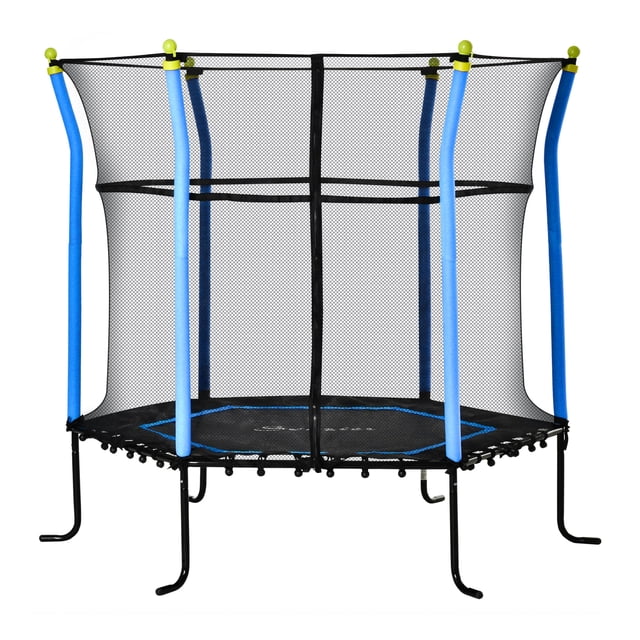 Soozier Trampoline pour Enfants de 64 Pouces avec Filet d'Enceinte pour Intérieur/extérieur, Bleu. Conçu pour Rebondir en Toute Sécurité, Il Présente un Cadre en Acier Enduit de Poudre, un Filet d'Enceinte anti-UV et un design à Élastiques Sans Ressort. Comprend une Porte Zippée pour un Accès Facile et des Poteaux de Rembourrage Épais pour une protection Accrue. Léger et Convient aux Enfants de 3 à 10 Ans, avec une Capacité de Charge de 110 Lb. Parfait pour les Jeux Intérieurs et Extérieurs.