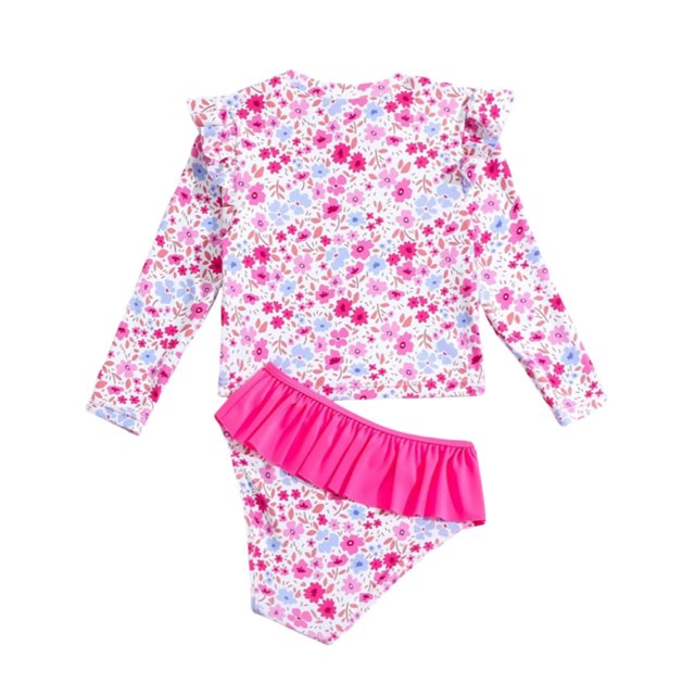 Kid Girl Rash Guard Swimsuit with a floral print long sleeve top and matching bikini bottom featuring pink ruffle trim. Provides sun protection and is ideal for ages 4-5 years. Made from nylon and spandex for quick drying and comfort. Perfect for beach, pool, or summer activities.