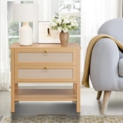 Rattan Night Stand Set of 2, Boho Night Stand with 2 Rattan Drawers, Large Bedside Table Side Table with Open Storage Shelf, Farmhouse Nightstand for Bedroom Living Room