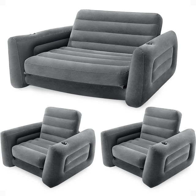 Intex Canapé-Lit Gonflable et Fauteuil-Lit Format Grand en Gris Foncé, Doté d'Un design 2-en-1 Qui Fait Transition d'Un Sofa à un Matelas Pneumatique Format Grand. Comprend un Sofa et Deux Chaises avec Hauts Floqués Imperméables, surfaces au Toucher Doux et construction durable en PVC. le Sofa Mesure 80 x 88 x 26 Pouces, Alors Que les Chaises Mesurent 46 x 88 x 26 Pouces. Conçu pour une Utilisation Intérieure et Extérieure, Il Offre un Gonflage et un Dégonflage Rapides avec des valves d'Air Extra Larges (Pompe Non Incluse). Idéal