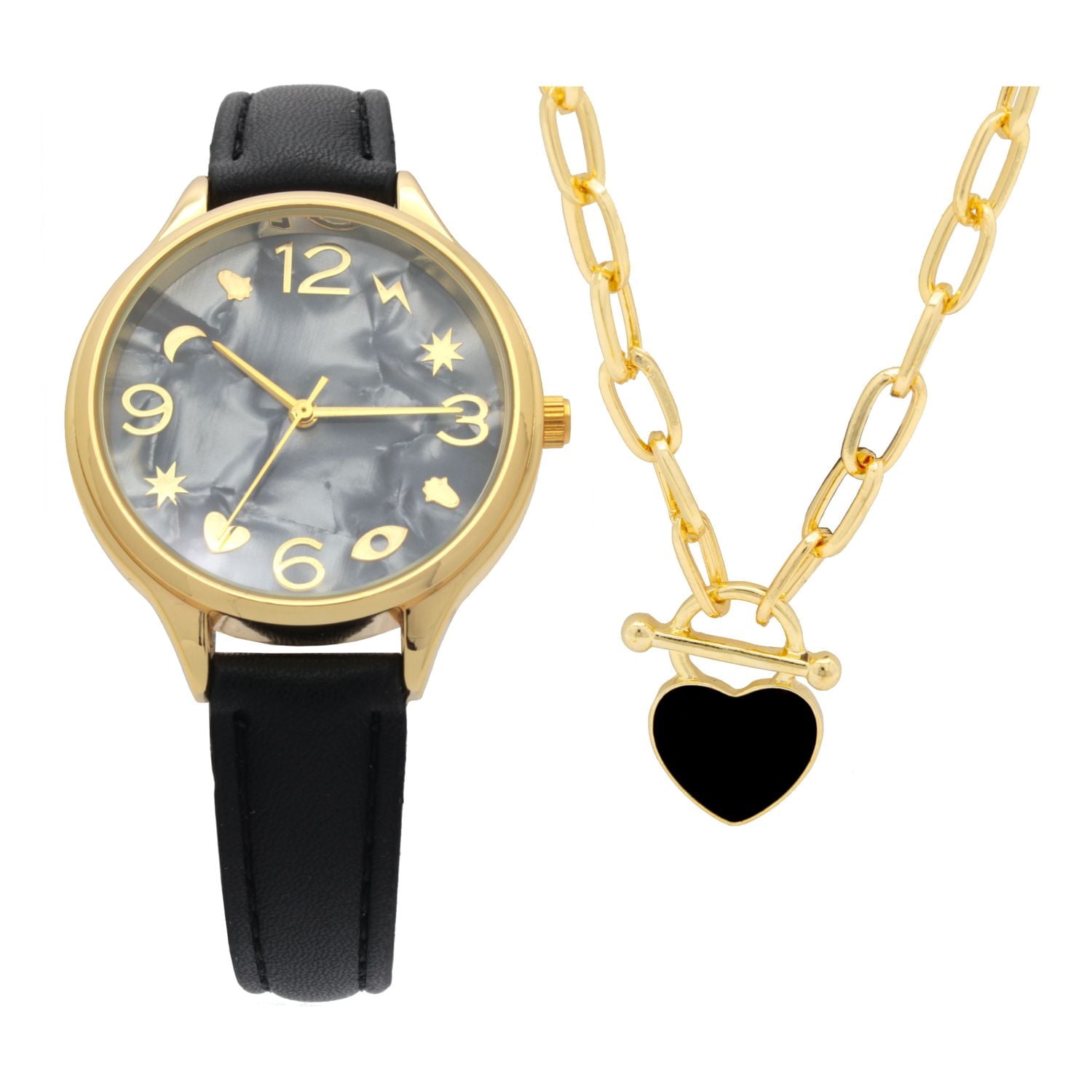Montre avec bracelet noir et collier pour femme