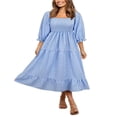 thumbnail image 1 of Femmes Été Robe Bohème Adultes Off-Épaule Smocked Puff Manches Plaid une Seule Pièce, 1 of 7