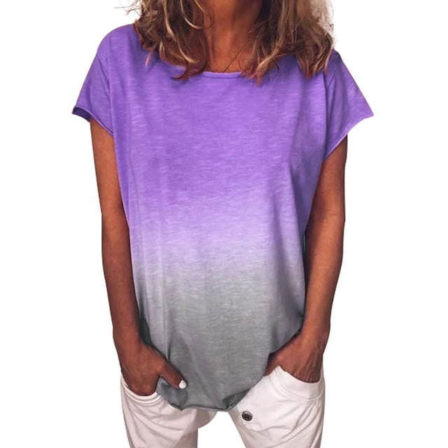 MAWCLOS Ladies Tops Gradient Color Tee Short Sleeve T Shirt Casual Summer Crew Neck Tunic Purple S