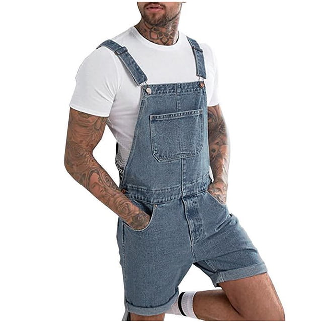 Mens Bib Overall Casual Fashion Solid Breast Pocket Denim Ripped Shorts Straight Type Overalls