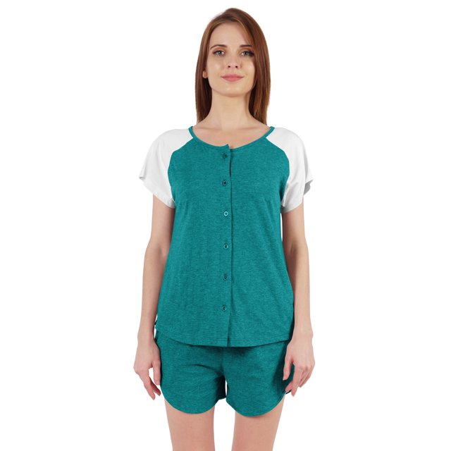 Inkmeso Solid 2 Pc Nightwear Set For Women Raglan Sleeves Button-Down Top & Shorts Sleepwear-65