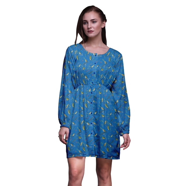 Bimba Robe Midi à Manches Longues pour Femmes, Coupe Décontractée, Imprimé Baies Bleues et Oiseaux Flowerpecker, Taille Moyenne