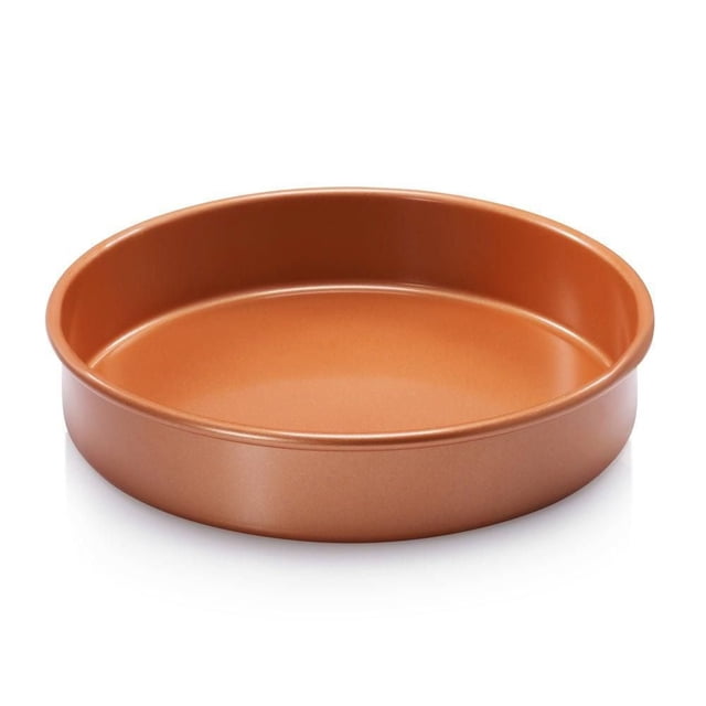 Gotham Steel Diamond Ti Cerama Non-stick Round Baking Pan, 9.5-inch copper-colored round pan with 0.8mm thick aluminum and ceramic nonstick coating, metal utensil safe, oven safe to 500F, dishwasher safe, suitable for baking cakes and muffins evenly.