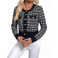 thumbnail image 3 of Femmes - Blazer à Carreaux Chic Décontracté Cardigan à Boutons devant Col Ras du Cou Manches Longues Vestes en Tricot Texturé Noir P, 3 of 9